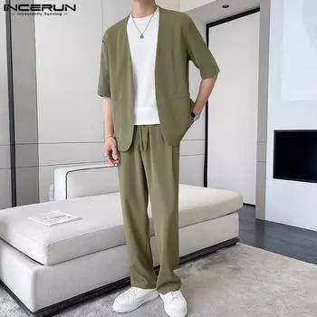 INCERUN Two Piece Suit Men Open Front Tops Long Suit Pants Casual Outfits Sets M зелёный