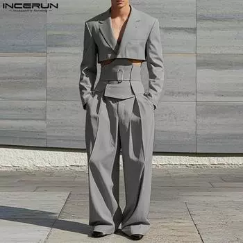 INCERUN Two Pieces Outfits Men Long Sleeve Short Coat High Waist Long Straight Pants Sets M