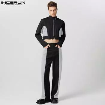 INCERUN Two Pieces Sets Men Short Sleeve Crop Tops and Long Casual Pants Cargo Sets 4XL серый