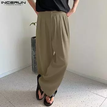 INCERUN Весенние мужские однотонные прямые свободные длинные брюки