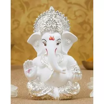 India Silver plated White Ganesha for Car Dashboard Home Decor Gifting Diwali Birthday Festivals 3.5 x 2 Inches