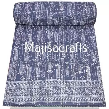 Индийский ручной блочный принт Kantha Quilt Kantha Throw Kantha Покрывало Хлопковое одеяло Одноместный размер Покрывало Постельное белье Одеяло 60X90 дюймов