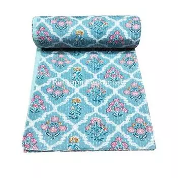 Индийский ручной блочный принт Kantha Quilt Kantha Throw Blanket Покрывало одного размера из хлопка с цветочным принтом