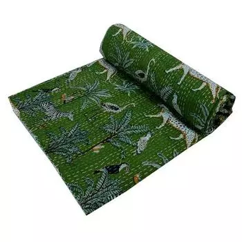 Индийское одеяло Kantha, ручное одеяло с принтом джунглей, одноместное одеяло Kantha из чистого хлопка, богемное покрывало Kantha, покрывало, один размер