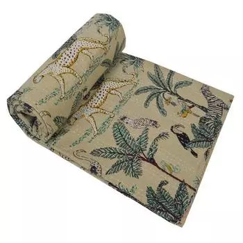 Индийское одеяло Kantha с животным принтом, одеяло Kantha, одинарное, из чистого хлопка, богемное покрывало Kantha, покрывало, один размер
