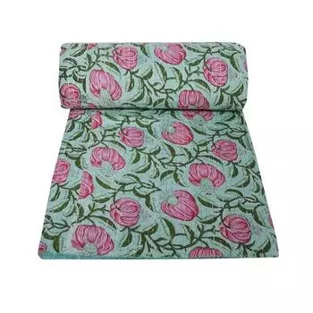 Индийское одеяло Kantha Throw Hand Block Print Покрывало Indian Decor Vintage Bohemian Coverlet Одеяло Gudri Цветочный принт