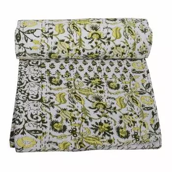 Индийское одеяло Kantha Throw Hand Block Print Покрывало Indian Dcor Vintage Bohemian Coverlet Blanket Gudri Цветочный принт Single Size Handmade