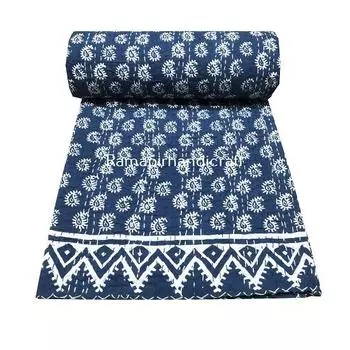Индийское винтажное ручное блочное одеяло Kantha Quilt Kantha Throw Blanket Покрывало одного размера из хлопка Kantha Quilt Blue