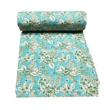 Индийское винтажное ручное блочное одеяло Kantha с цветочным принтом Kantha Throw Blanket Покрывало одного размера из хлопка Kantha Quilt