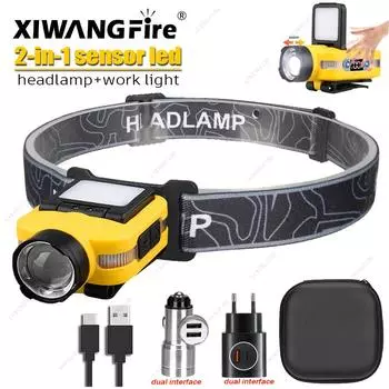 Inductive COB Headlamp,Portable Zoom Headlight,5 Modes Head lamp, USB Rechargeable Working Flashlight Fishing Running Climbing