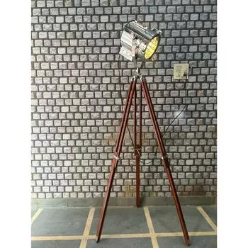 Industrial Nautical Theater Searchlight Floor Lamp - Chrome Finish with Adjustable Wood Tripod - 70-Inch Designer Spotlight for Home Decor