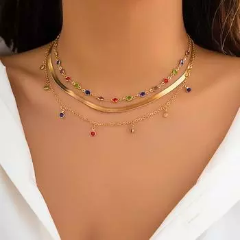 IngeSight.Z Boho Многослойное Цветное Цепное Ожерелье с Кристаллами для Женщин Винтаж Плоская Змеиная Цепочка Ключицы Короткое Ожерелье