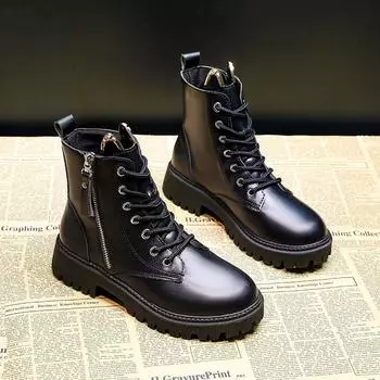 Inner height-increasing Martin boots women s 2025 new versatile short boots black straps Korean version side zipper round head middle heel single boot 35 чёрный