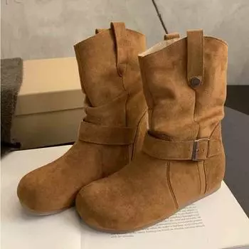 Inner heightening versatile retro stacking boots women s autumn and winter new boots thick-soled round head matte short boots 35