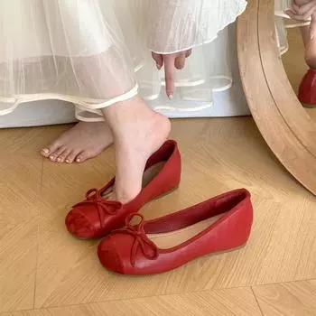 Inner heightening version~ French fairy wind light mouth bow single shoes women s spring and autumn soft-soled color matching small fragrant wind si 35 красный
