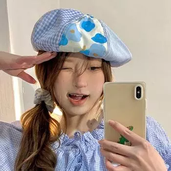 Ins Blue Plaid Splicing Berets Caps для женщин в весенне-летнем стиле 2024 года в японском ретро-стиле, милые, симпатичные, маленькие шляпы художника 56-58cm розовый