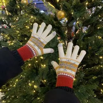 Ins Christmas Style Gloves Snowflake Winter Female Cute Warm Winter Cycling Plus Velvet Thickening Cycling and Driving Touch Screen average size
