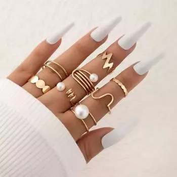 ins New Pearl ECG Glossy Ring Set Geometric Irregular Disc Eight-Piece Ring