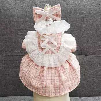 INS Pet Dog Plaid Dress with Clip Hair Cute Colling Set Cat Clothing Spring Autumn Niche Lace Dress Dog Clothing for Small Dogs XS