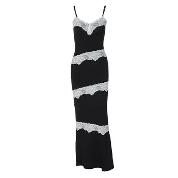 INS Style Lace Patchwork below-the-Knee Tank Tops Dress Black S