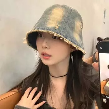 Ins Vintage Rough Edge Washed Denim Bucket Hats Women 2024 Лето и Осень Новая Повседневная Универсальная Милая Короткая Кепка-Басин 56-58cm светло-синий