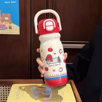 Insulation Or Cooling Vacuum Cup 500ML Straw Tumbler Cute Puppy Thermal Water Bottle Red Cover