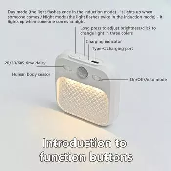 Intelligent Motion Sensor LED Night Light White Magnetic Removable Tri-colour Adjustable Bedroom Staircase Wardrobe Lighting
