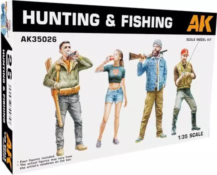 Интерактивная фигурка AK Hunting Fishing, набор из 4 пластиковых моделей AK35026 1/35 и (Человек/Животное)