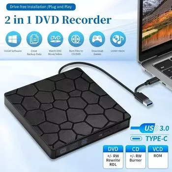 Интерфейс 2 в 1 USB 3.0 Type-C Внешний DVD RW привод Тонкий DVD CD Writer Burner Reader Player Оптический для ноутбуков Настольные ПК чёрный
