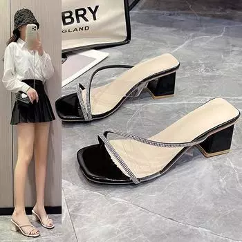 Internet celebrities rhinestone transparent cool slippers wear 2025 new spring and summer two wear fashion flat thick heel stiletto women s shoes 35