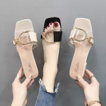 Internet celebrity popular slippers women 2025 summer new fashion thick heel wear word 3 versatile medium heel with sandals 35