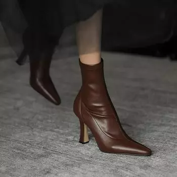 Internet celebrity skinny boots pointed high heel boots short boots children 2025 autumn and winter single boots ins sexy thick heel elastic boots 34 белый