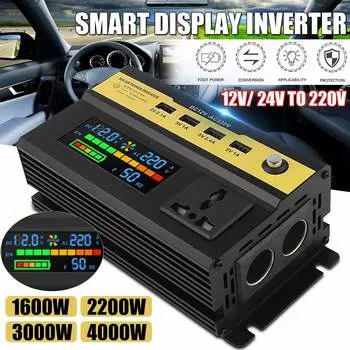 Инвертор чистой синусоиды 500 Вт/1200 Вт/1600 Вт/2200 Вт Автомобильный инвертор постоянного тока 12 В 24 В в переменный ток 220 В Трансформатор напряжения Преобразователь мощности Солнечный инвертор ЖК-дисплей 4 USB