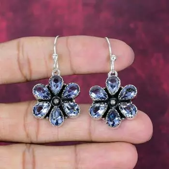 Iolite Handmade Gemstone Earrings, 925 Solid Sterling Silver Earrings Antique Jewelry, For Engagement Gift 1.77 Inches
