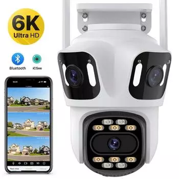 IP-камера PTZ с тремя объективами, уличная 6K HD, трехэкранная Wi-Fi камера безопасности с автоматическим отслеживанием, 4K, беспроводная камера видеонаблюдения с двумя объективами iCsee