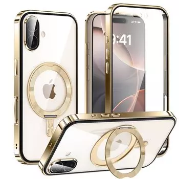 iPhone 16 MagSafe CD вращающийся автоматический iPhone 16 алюминиевый бампер смартфон Gunwon 9H закаленный объектив камеры ПК полная беспроводная совместимость с обоими золотой