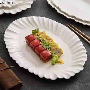 Irregular Flower Edge Plate Ceramic Steamed Fish Plate Sushi Dish Barbecue Plates Snack Plate Restaurant Molecular Tableware