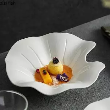 Irregular Lotus Leaf Plate Ceramic Tableware Salad Plate Dessert Snack Plates Thick Soup Plate Artistic Conception Tableware