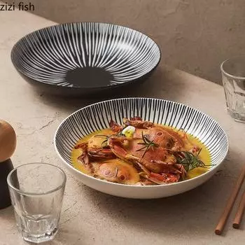Irregular Striped Ceramic Salad Plate Creative Deep Plate Thick Soup Plate Dessert Plates Restaurant Underglaze Color Tableware
