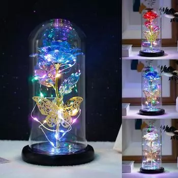 Искусственная роза, лампа Galaxy Rose с бабочкой и красочными розами, светодиодная лампа, искусственный цветок, подарок для женщин и девочек