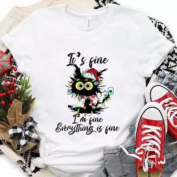 It s Fine I m Fine Everything Is Fine Black Cat Футболки Для женщин Sweetshirts Christmas Lights Merry Christmas Harajuku Tee Y2k Tops S