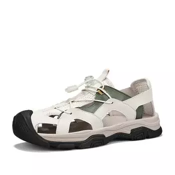 Italian Anti-collision Toe Summer Breathable Shoes Casual Leather Men Hollow Out Sandals New Outdoor Beach Shoes All-match Flats 38 бежевый