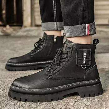 Italian Casual Office Oxford Ankle Boot Men Casual Leather Classic Lace Up High Top Shoe Outdoor Autumn Winter High Quality Boot 39 чёрный