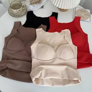 ITOOLIN женские бархатные топы на бретелях, бесшовный бюстгальтер, нижнее белье с подкладками для бюстгальтера, укороченные топы для женщин, плюшевые утолщенные теплые топы, зимние XL абрикосовый