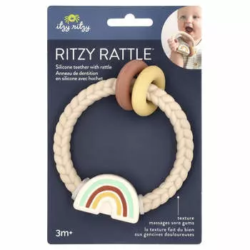 itzy ritzy, Ritzy Rattle, погремушка-прорезыватель из силикона, от 3 месяцев, нейтральный радужный, 1 шт.