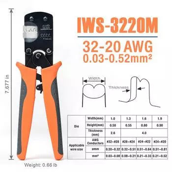 IWISS IWS-3220 Клещи для обжима с храповым механизмом Ручные обжимные инструменты для штырей разъемов с узким шагом Диапазон обжима 0,03-0,5 мм (AWG: 32-20)