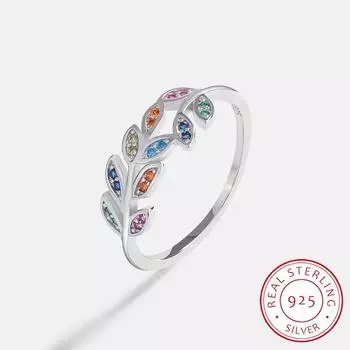 Изысканное серебряное кольцо S925 в форме листа для женщин, блестящее красочное кольцо с цирконом в форме стерлингового серебра, ювелирное кольцо, подарок на годовщину 6 белый
