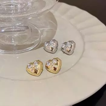 Изысканные серьги-бантики и сердечки из циркония с иглами из серебра 925 пробы E5888 золотой