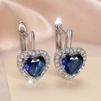 Изысканные серьги-подвески в форме сердца из голубого циркония для женщин, блестящие серебряные свадебные украшения серебряный/синий
