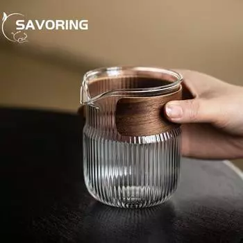 Изысканный стеклянный кувшин для чая в японском стиле, 300 мл, с пряжкой из орехового дерева, теплоизоляционный, противообжигающий, съемный для приготовления чая 9.6x8.2cm 300ml